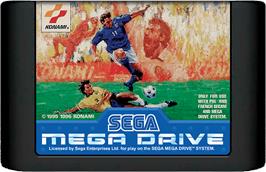 Cartridge artwork for International Superstar Soccer Deluxe on the Sega Genesis.