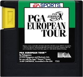 Cartridge artwork for Pga European Tour on the Sega Genesis.