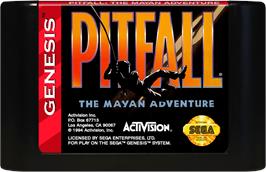 Cartridge artwork for Pitfall - The Mayan Adventure on the Sega Genesis.
