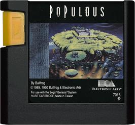 Cartridge artwork for Populous on the Sega Genesis.