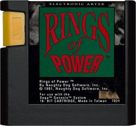 Cartridge artwork for Rings of Power on the Sega Genesis.