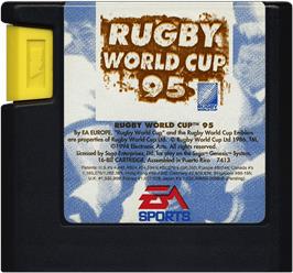 Cartridge artwork for Rugby World Cup 1995 on the Sega Genesis.