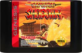 Cartridge artwork for Samurai Shodown on the Sega Genesis.