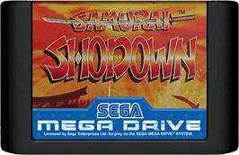 Cartridge artwork for Samurai Shodown / Samurai Spirits on the Sega Genesis.