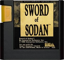 Cartridge artwork for Sword of Sodan on the Sega Genesis.