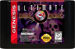 Cartridge artwork for Ultimate Mortal Kombat 3 on the Sega Genesis.
