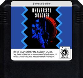 Cartridge artwork for Universal Soldier on the Sega Genesis.