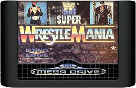 Cartridge artwork for WWF Super Wrestlemania on the Sega Genesis.
