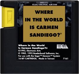 Cartridge artwork for Where in the World is Carmen Sandiego? on the Sega Genesis.