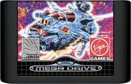 Cartridge artwork for Xenon 2: Megablast on the Sega Genesis.
