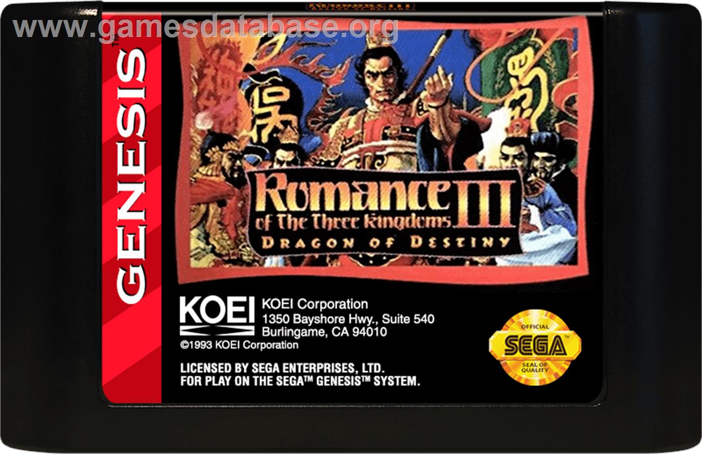 Romance Of The Three Kingdoms 3 - Dragon Of Destiny - Sega Genesis - Artwork - Cartridge