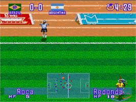 In game image of International Superstar Soccer Deluxe on the Sega Genesis.