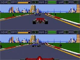 In game image of Mario Andretti Racing on the Sega Genesis.