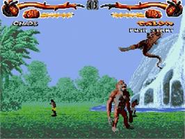 In game image of Primal Rage on the Sega Genesis.
