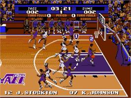 In game image of Tecmo Super NBA Basketball on the Sega Genesis.