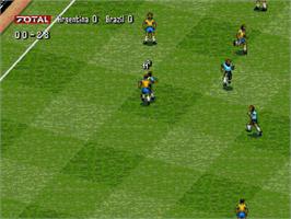 In game image of Total Football on the Sega Genesis.