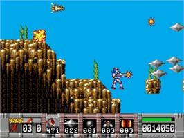In game image of Turrican on the Sega Genesis.