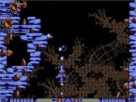 In game image of Xenon 2: Megablast on the Sega Genesis.