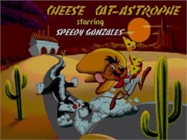 Title screen of Cheese Cat-Astrophe starring Speedy Gonzales on the Sega Genesis.