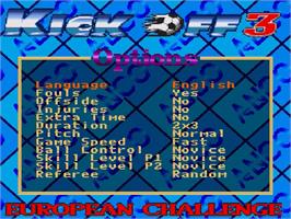 Title screen of Kick Off 3 - European Challenge on the Sega Genesis.
