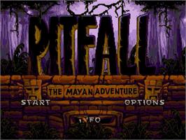 Title screen of Pitfall - The Mayan Adventure on the Sega Genesis.