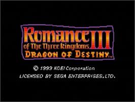Title screen of Romance Of The Three Kingdoms 3 - Dragon Of Destiny on the Sega Genesis.