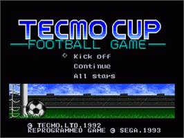Title screen of Tecmo Cup Football Game on the Sega Genesis.