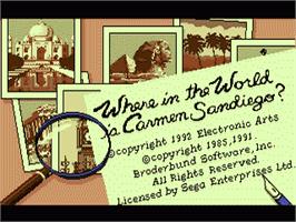 Title screen of Where in the World is Carmen Sandiego? on the Sega Genesis.