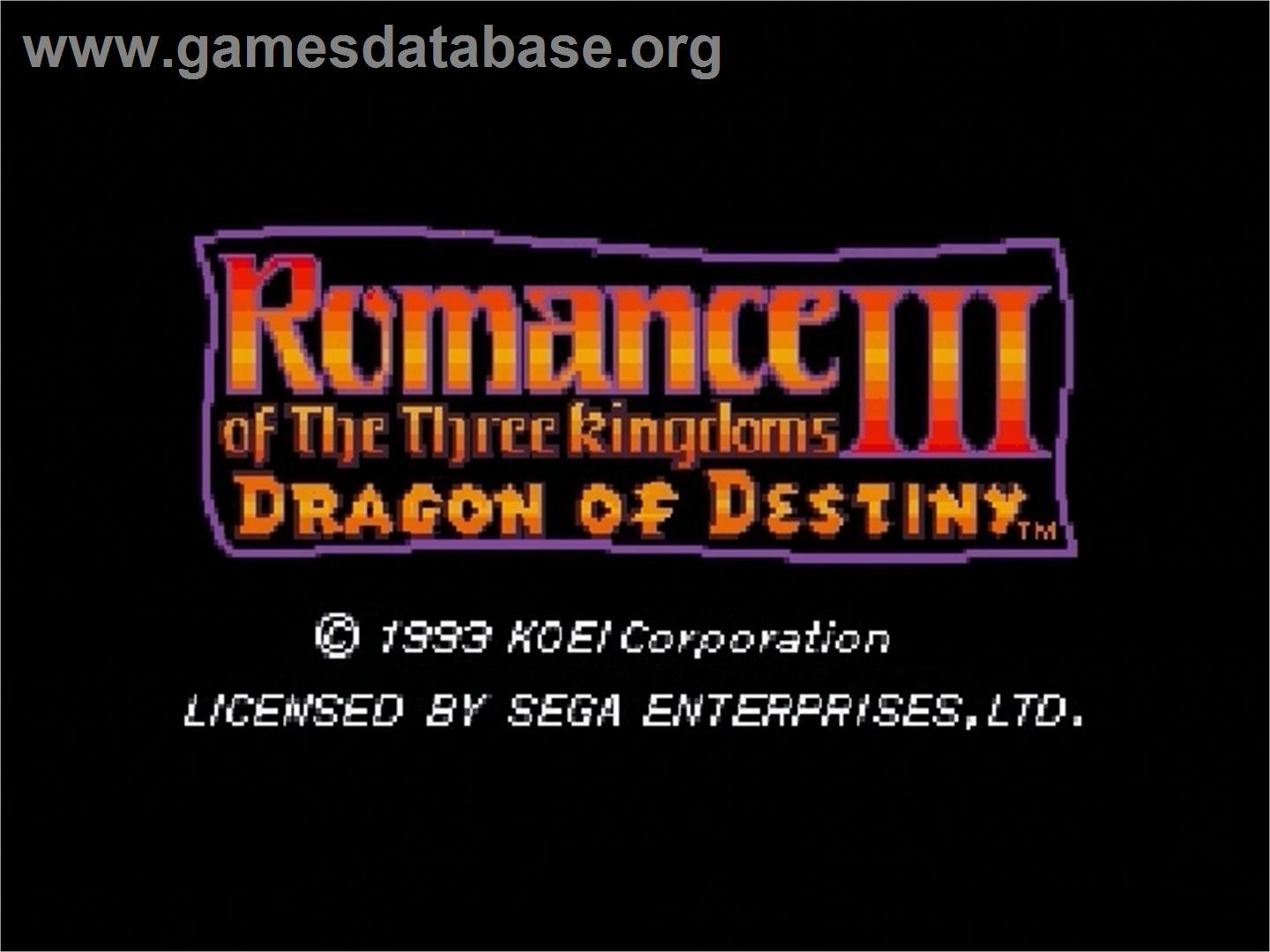 Romance Of The Three Kingdoms 3 - Dragon Of Destiny - Sega Genesis - Artwork - Title Screen