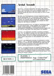 Box back cover for Aerial Assault on the Sega Master System.