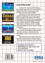 Box back cover for Lord of the Sword on the Sega Master System.