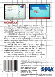Box back cover for Monopoly on the Sega Master System.
