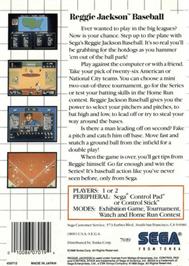 Box back cover for Reggie Jackson Baseball on the Sega Master System.