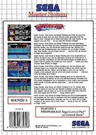 Box back cover for Streets Of Rage on the Sega Master System.