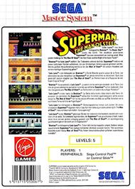 Box back cover for Superman - The Man Of Steel on the Sega Master System.