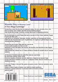 Box back cover for Wonder Boy in Monster Land on the Sega Master System.