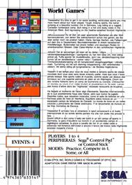 Box back cover for World Games on the Sega Master System.