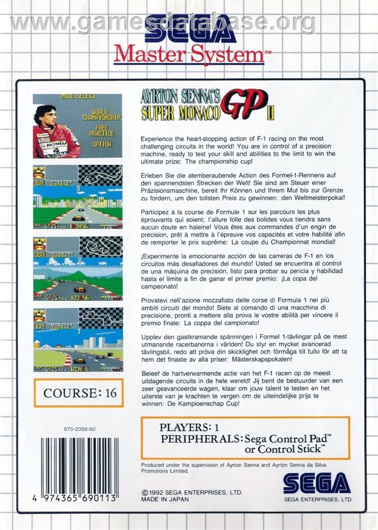 Ayrton Senna's Super Monaco Gp 2 - Sega Master System - Artwork - Box Back