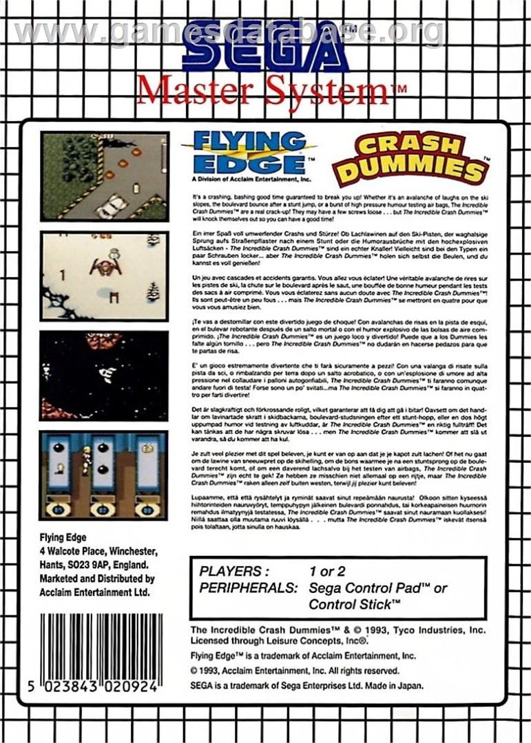 Incredible Crash Dummies, The - Sega Master System - Artwork - Box Back