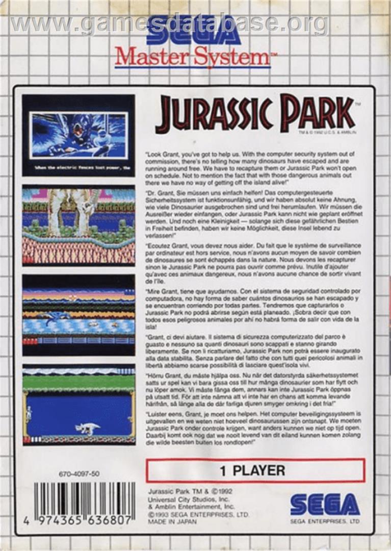 Jurassic Park - Sega Master System - Artwork - Box Back