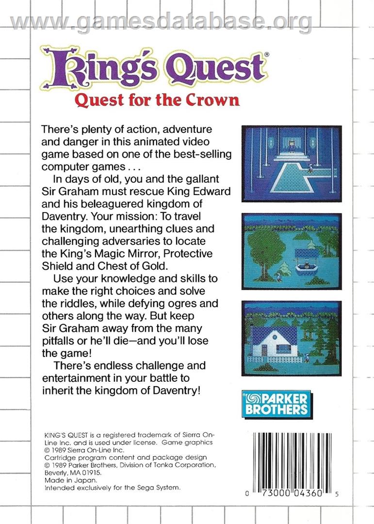 King's Quest - Quest For The Crown - Sega Master System - Artwork - Box Back