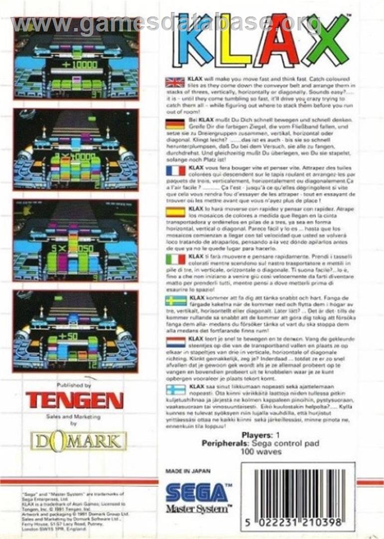 Klax - Sega Master System - Artwork - Box Back