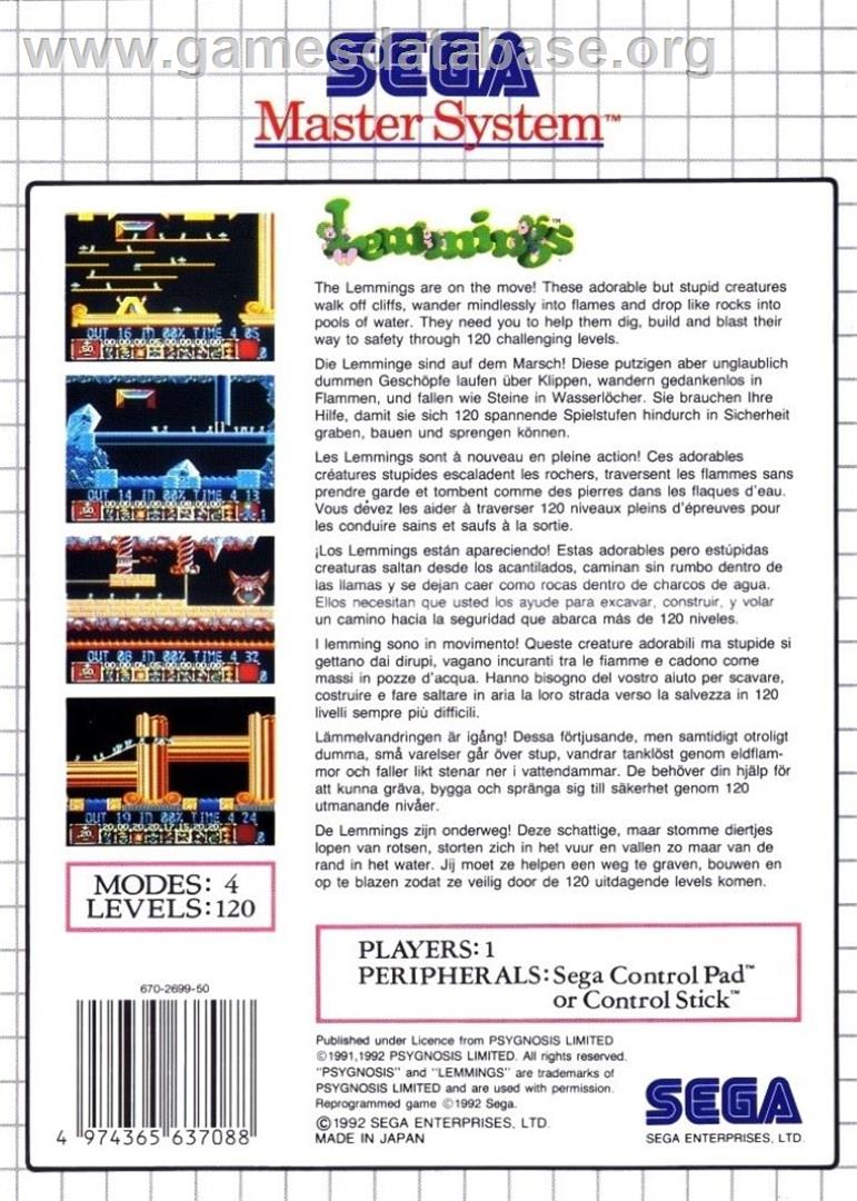 Lemmings - Sega Master System - Artwork - Box Back