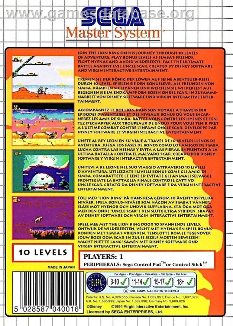 Lion King, The - Sega Master System - Artwork - Box Back