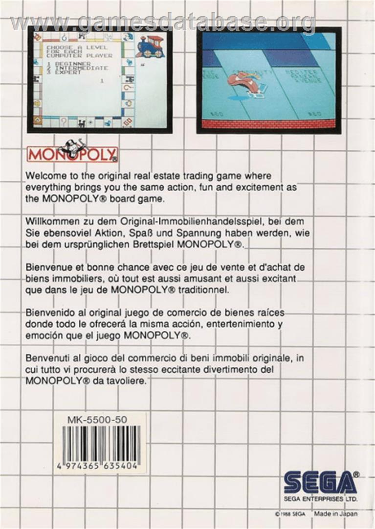 Monopoly - Sega Master System - Artwork - Box Back