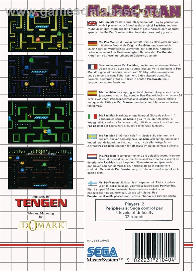 Ms. Pac-man - Sega Master System - Artwork - Box Back