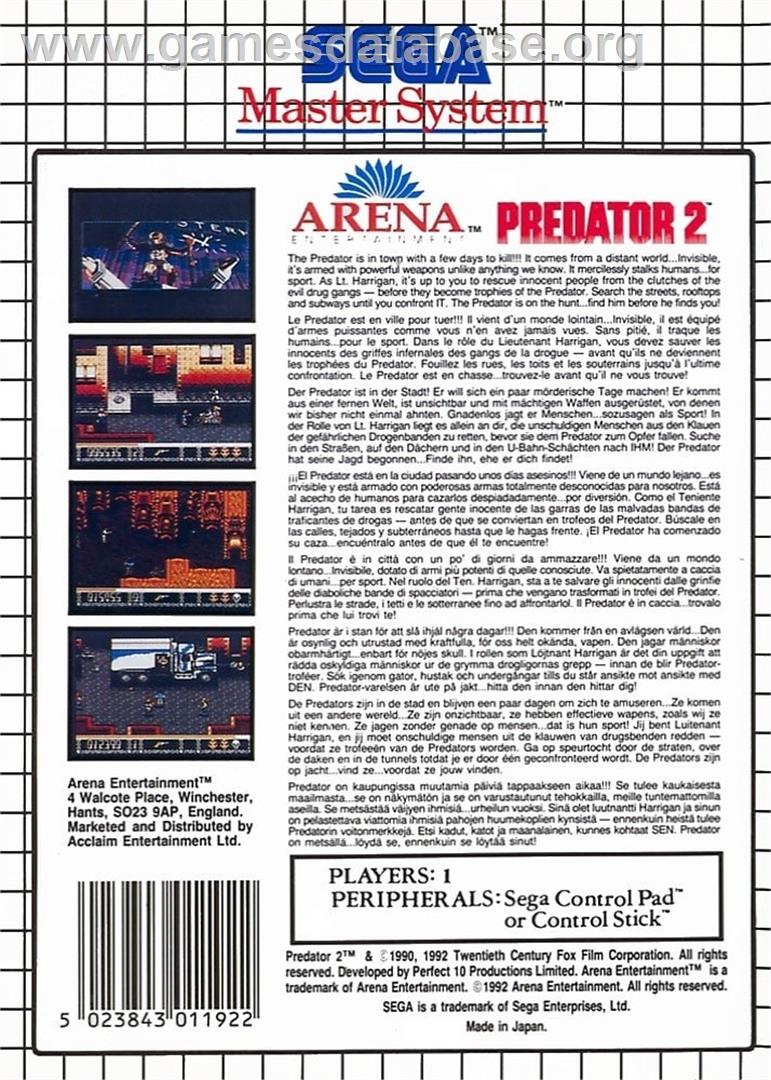 Predator 2 - Sega Master System - Artwork - Box Back