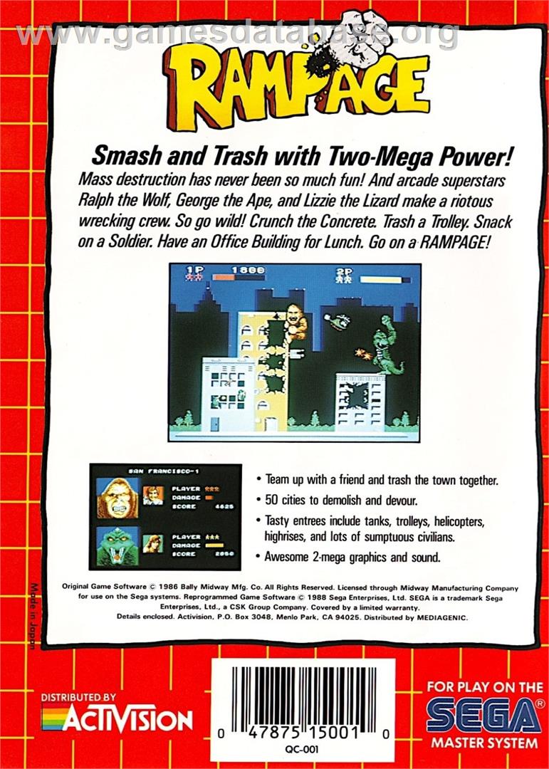 Rampage - Sega Master System - Artwork - Box Back