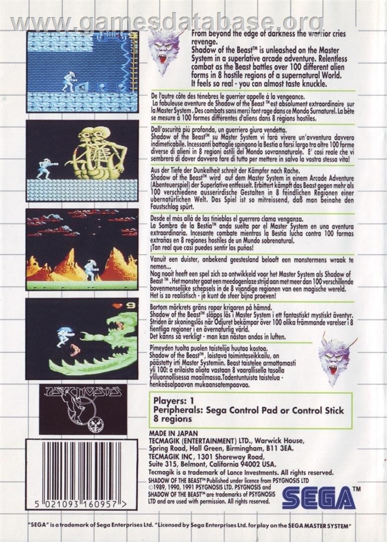 Shadow Of The Beast - Sega Master System - Artwork - Box Back