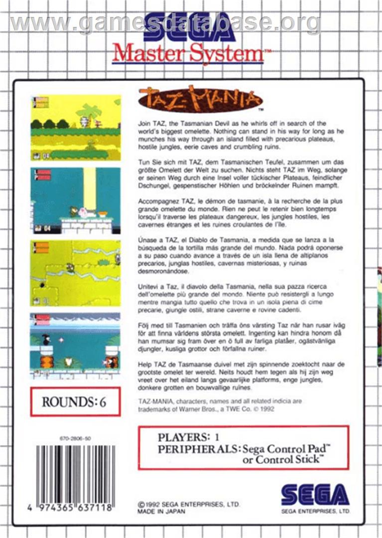 Taz-Mania - Sega Master System - Artwork - Box Back